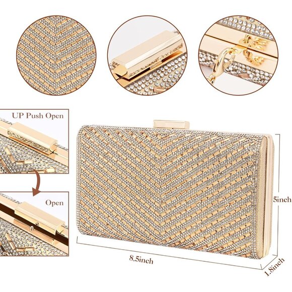 ⚡ Women\'s Sparkly Rhinestone Glitter Metal Clasp Chain Evening Gold Clutch Bag
